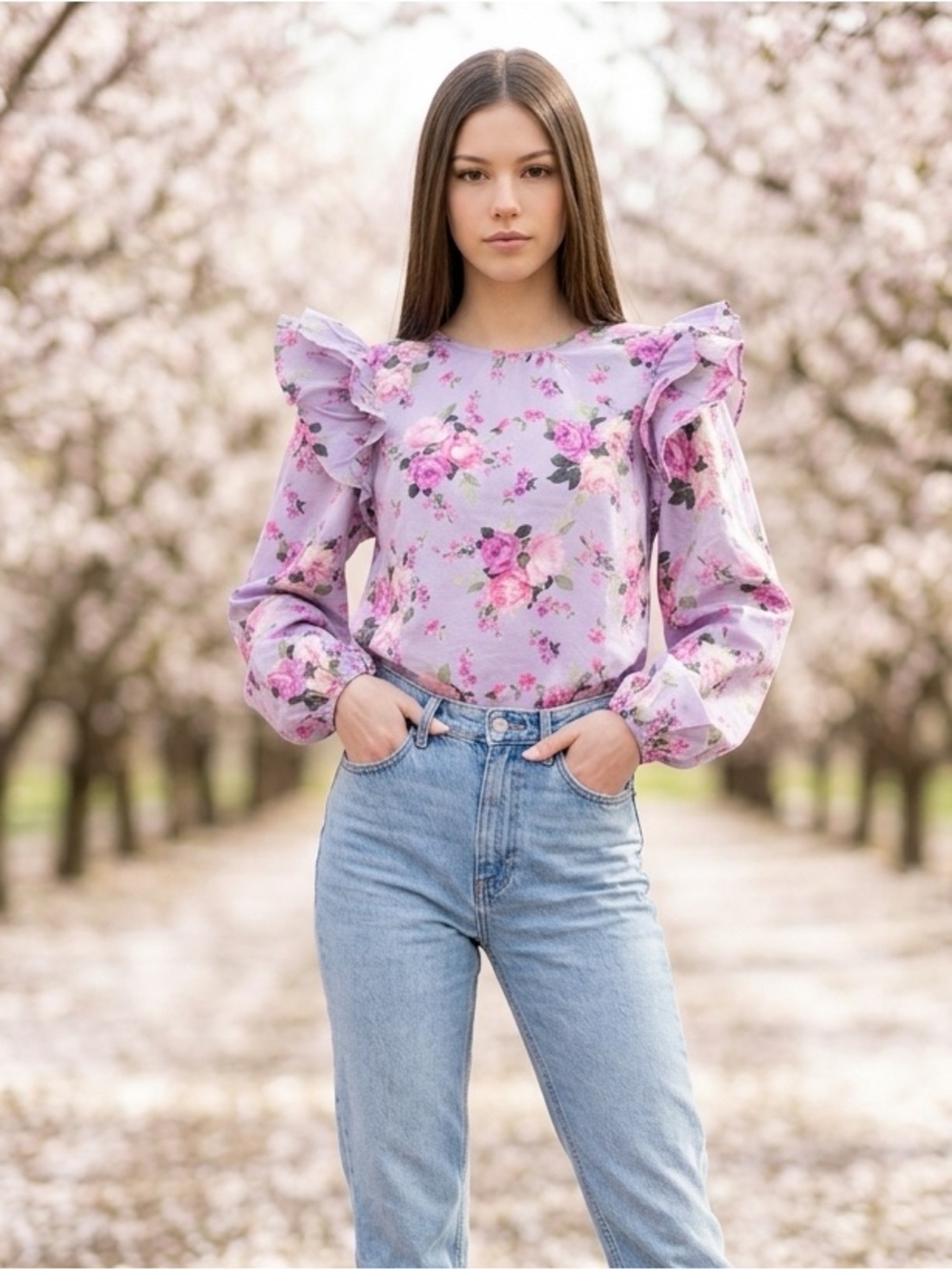 Chelsea & Violet Lavender Floral Ruffle Shoulder Blouse 100% cotton